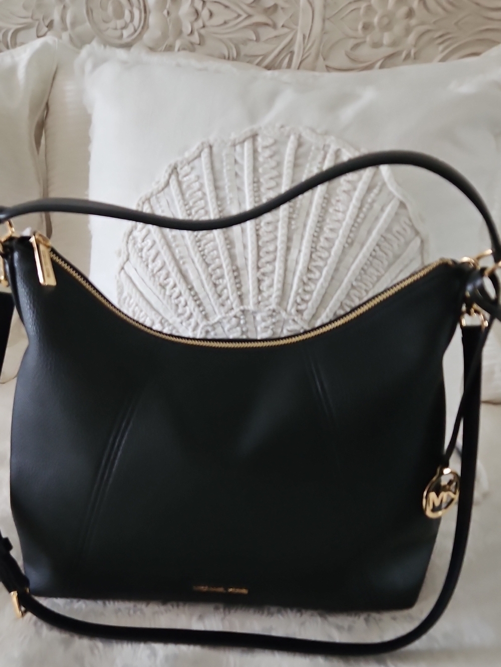 Michael Kors Black Leather Hobo Shoulder Bag with Gold Hardware